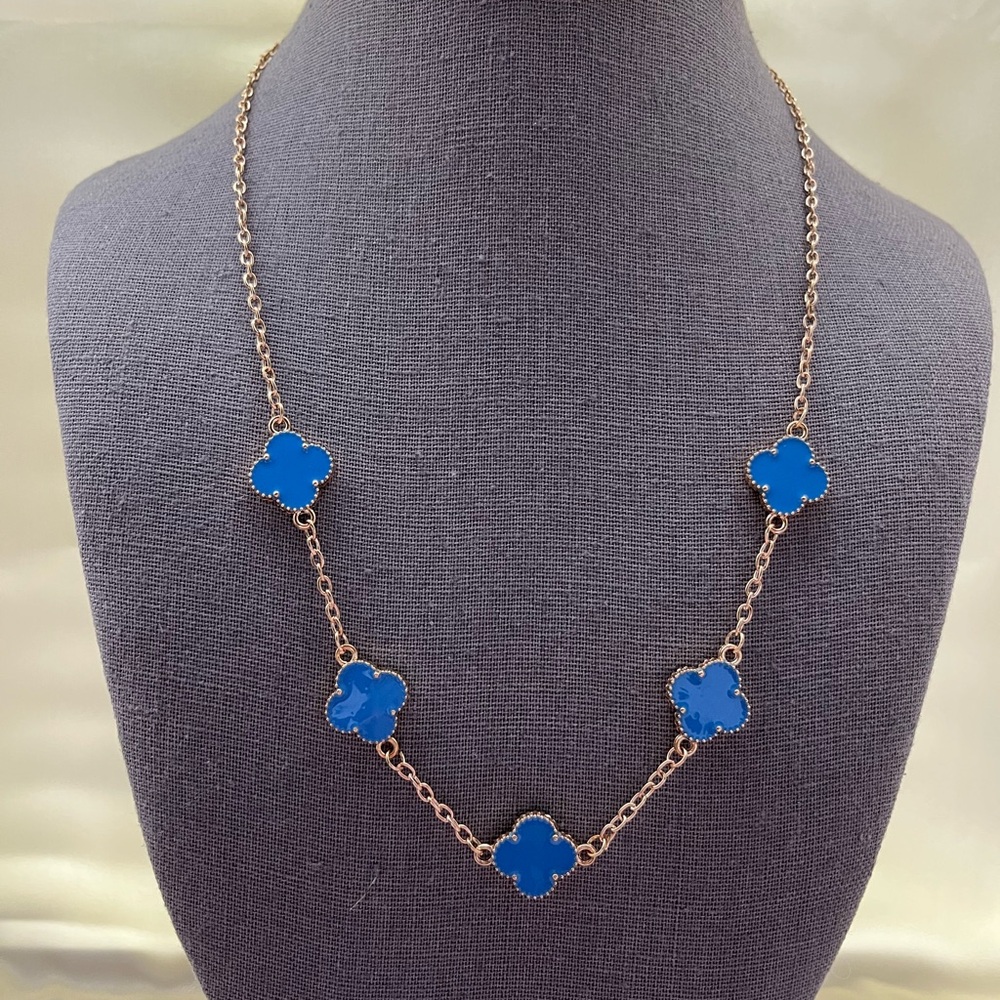 Blue  Gold Quatrefoil Clover Chain Necklace Station Pendant Jewelry
